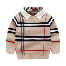 Baby Boy Striped Pattern False 1 Pieces Sweater With Detachable Shirt Neck (Color: Khaki, Size/Age: 120 (5-7Y))