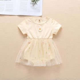 Baby Girl Embroidery Daisy Short-Sleeved Round Collar Dress (Color: Beige, Size/Age: 80 (9-12M))