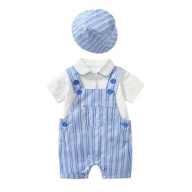 Baby Boy Lapel Solid Bodysuit Combo Striped Graphic Crotch Overall Sets (Color: Blue, Size/Age: 90 (12-24M))