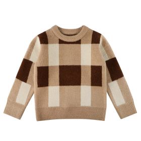 Baby Boy Plaid Graphic O-Neck Long Sleeves Western Classic Sweater (Color: Khaki, Size/Age: 120 (5-7Y))