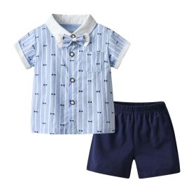 Baby Boy Bow-Tie Print Top Combo Solid Short Pants In Sets (Color: Blue, Size/Age: 80 (9-12M))
