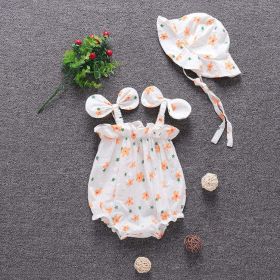 Baby Girl Floral Pattern Bow-Tie Sleeveless Onesies In Summer With Hat (Color: Orange, Size/Age: 80 (9-12M))
