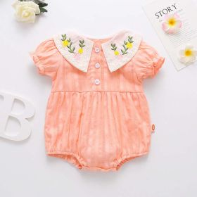 Baby Girl Floral Embroidery Design Solid Color Summer Short-Sleeved Onesies In Summer Outside Wearing (Color: pink, Size/Age: 90 (12-24M))