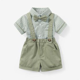 Baby Plaid Print Single Breasted Design Shirt With Bow Tie Combo Strap Rompers Sets (Color: Green, Size/Age: 100 (2-3Y))