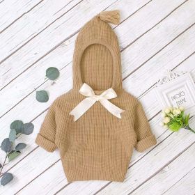 Baby Girl Solid Color Bow Tie Patched Design Simply Style Knitted Hoodies Sweater (Color: brown, Size/Age: 90 (12-24M))