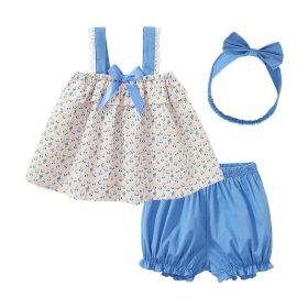 Baby Girl Floral Graphic Bow Tie Patched Design Lace Sling Tops Combo Solid Blue Shorts Sets (Color: Blue, Size/Age: 100 (2-3Y))