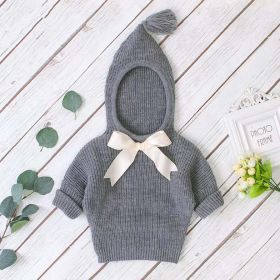 Baby Girl Solid Color Bow Tie Patched Design Simply Style Knitted Hoodies Sweater (Color: Grey, Size/Age: 110 (3-5Y))