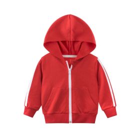 Baby Side Striped Pattern Zipper Front Design Sport Style Coat With Hat (Color: Red, Size/Age: 90 (12-24M))