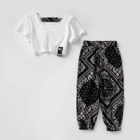 Girl Solid Color Backless Design Tops Combo Floral Pants Sets (Color: White, Size/Age: 150 (10-12Y))