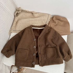 Baby Boy And Girl Solid Color Single Breasted Design V-Neck Thermal Autumn Jacket (Color: brown, Size/Age: 110 (3-5Y))