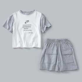 Letters Print Patchwork Design T-Shirt Combo Shorts 2-Pieces Sets (Color: Grey, Size/Age: 120 (5-7Y))