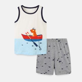 Baby Boy Cartoon Dog Graphic Sleeveless Summer Western Style Sets (Color: White, Size/Age: 140 (8-10Y))
