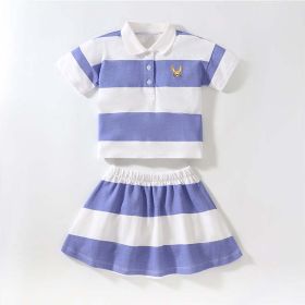 Baby Girl Striped Pattern Polo Neck Shirt With Skirt Sets In Summer (Color: Blue, Size/Age: 140 (8-10Y))