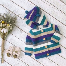 Baby Colorful Striped Pattern Button Front Knitted Cardigan With Hat (Color: Green, Size/Age: 80 (9-12M))