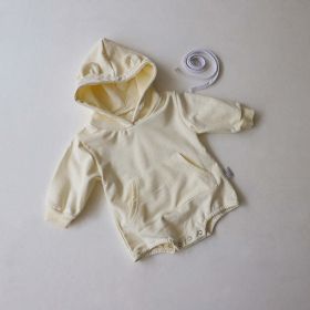 Baby 1pcs Solid Color 3D Bear Ears Patched Design Hoodie Triangle Cotton Bodysuit Onesies (Color: Beige, Size/Age: 80 (9-12M))