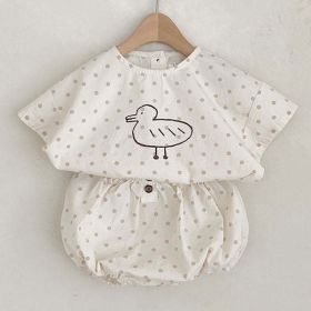 Baby Girl Plaid Polka Dot Pattern Duckling Print Short Sleeved Top Combo Pants Sets (Color: White, Size/Age: 73 (6-9M))