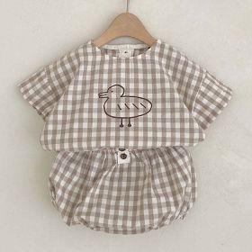 Baby Girl Plaid Polka Dot Pattern Duckling Print Short Sleeved Top Combo Pants Sets (Color: brown, Size/Age: 90 (12-24M))