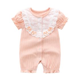 Baby Girl Printed Pattern Singel Breated Design Short Sleeve Rompers With Lace Patchwork (Color: pink, Size/Age: 90 (12-24M))