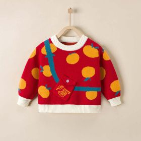 Baby Fruit Pattern False Bodycross Bag Design Pullover Sweater (Color: Red, Size/Age: 110 (3-5Y))