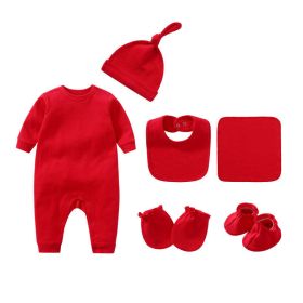 Newborn Solid Color Romper Hat; Bib; Gloves; Footwear; Square Scarf Sets (Color: Red, Size/Age: 66 (3-6M))
