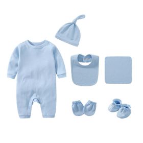 Newborn Solid Color Romper Hat; Bib; Gloves; Footwear; Square Scarf Sets (Color: Blue, Size/Age: 66 (3-6M))