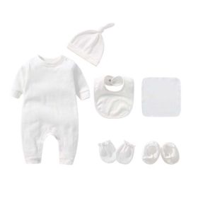 Newborn Solid Color Romper Hat; Bib; Gloves; Footwear; Square Scarf Sets (Color: White, Size/Age: 59 (0-3M))