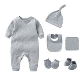 Newborn Solid Color Romper Hat; Bib; Gloves; Footwear; Square Scarf Sets (Color: Grey, Size/Age: 59 (0-3M))