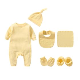 Newborn Solid Color Romper Hat; Bib; Gloves; Footwear; Square Scarf Sets (Color: Yellow, Size/Age: 73 (6-9M))