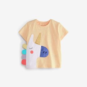 Baby Cartoon Animal Patched Graphic Short Sleeve O-Neck Design Tops (Color: Yellow, Size/Age: 140 (8-10Y))