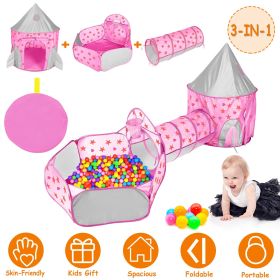 3 In 1 Child Crawl Tunnel Tent Kids Play Tent Ball Pit Set Foldable Children Play House Pop-up Kids Tent w/Storage Bag (Color: pink)