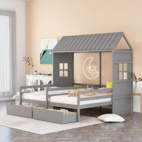 Twin Twin House Bed with 2 Drawers, White (Color: Gray)