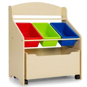 Kids Wooden Toy Storage Unit Organizer with Rolling Toy Box and Plastic Bins (Color: Natural)