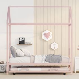 Twin Size Kids House Bed With Trundle;  Metal House Bed (Color: pink)