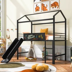 Metal House Bed With Slide;  Twin Size Metal Loft Bed with Two-sided writable Wooden Board (Color: Black)