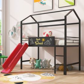 Metal House Bed With Slide;  Twin Size Metal Loft Bed with Two-sided writable Wooden Board (Color: Black+red)