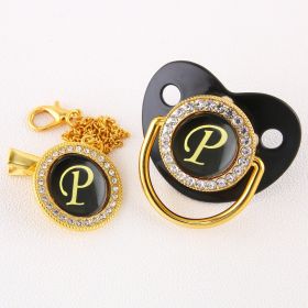 Black Bling Baby Pacifier And Clip Alphabet Letter Nipple (Letter: P)