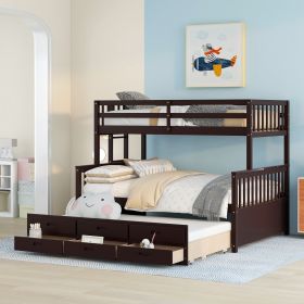 Twin-Over-Full Bunk Bed with Twin size Trundle ;  Separable Bunk Bed with Drawers for Bedroom (Color: Espresso)