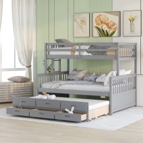 Twin-Over-Full Bunk Bed with Twin size Trundle ;  Separable Bunk Bed with Drawers for Bedroom (Color: Gray)