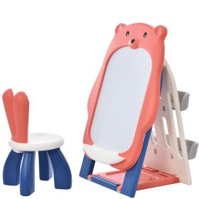 Folding Kids Art Easel with Stool and Adjustable Whiteboard; Standing Foldable Easel-Dry Erase Board with Book Shelf and Toddler Chair for Girls and B (Color: Red)