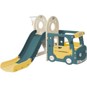 Kids Slide with Bus Play Structure; Freestanding Bus Toy with Slide for Toddlers; Bus Slide Set with Basketball Hoop (Color: Yellow)