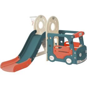 Kids Slide with Bus Play Structure; Freestanding Bus Toy with Slide for Toddlers; Bus Slide Set with Basketball Hoop (Color: Red)