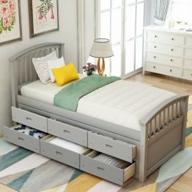 Twin Size Platform Storage Bed Solid Wood Bed with 6 Drawers (Color: Gray)