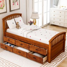 Twin Size Platform Storage Bed Solid Wood Bed with 6 Drawers (Color: Walnut)