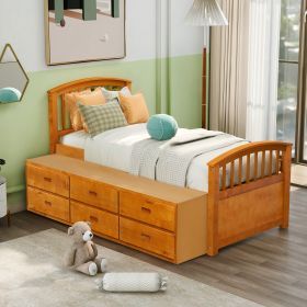 Twin Size Platform Storage Bed Solid Wood Bed with 6 Drawers (Color: Oak)