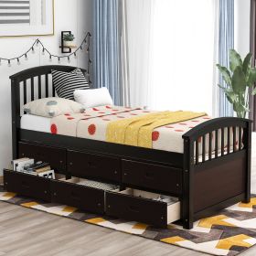 Twin Size Platform Storage Bed Solid Wood Bed with 6 Drawers (Color: Espresso)
