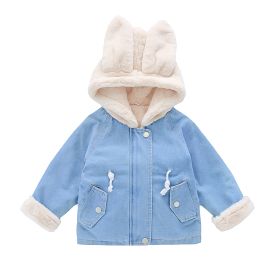 Girls' Denim Jacket Girls' Baby Plus Velvet Thickening (Option: Blue-130cm)