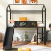 Metal House Bed With Slide;  Twin Size Metal Loft Bed with Two-sided writable Wooden Board