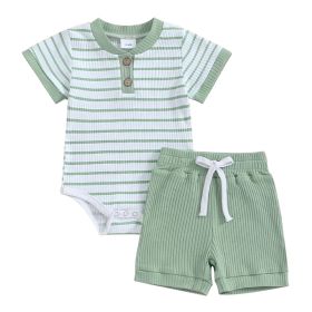 Baby Jumpsuit Short Sleeve Toddler Jumpsuit Romper Shorts Suit (Option: Light Green Stripes-12to18m)