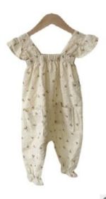 Baby Jumpsuit Romper Girl Floral Flounced Sleeve Jumpsuit (Option: Beige-90cm)